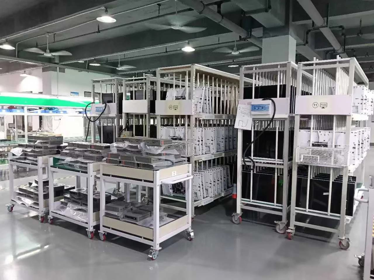 Computer equipment racks in a production testing area
